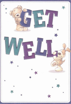 Upon first glance, this get well card evokes a gentle, uplifting calm much like a walk along Canonbury's quiet tree-lined streets. Featured are two delightful characters-a plush bear and an affectionate floppy-eared pup-captured mid-moment as they join in spreading heartfelt well wishes. Each is imbued with expressive eyes and gentle postures, mirroring the empathy we strive to convey in every Canonbury Flowers arrangement. The vibrant, thick letters arch upward in deep shades of purple and teal, framed by playful stars that twinkle amidst the clean, luminous background. Visual warmth spills from every element; the fuzzy texture of the bear, the puppy's silky ears, and the celebratory lettering work in harmony to create reassurance and hope. There's a tactile sensibility, as if the card itself invites a comforting touch, echoing the experience of receiving a freshly arranged bouquet along Essex Road. Heartfelt and sincere, the card is designed to lift spirits and offer genuine comfort, a visual message imbued with the care of neighbourhood floristry.